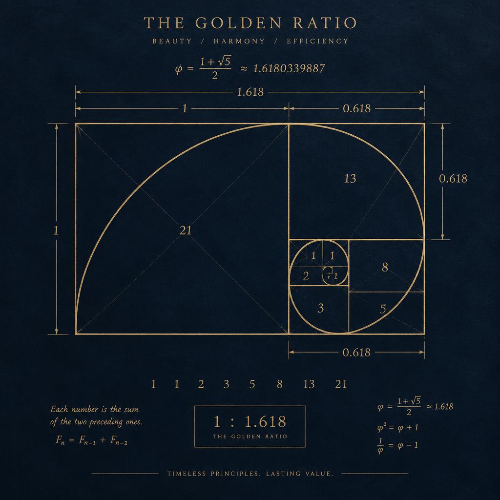 Mathematical diagram of the golden ratio: a rectangle subdivided into Fibonacci squares with a golden spiral